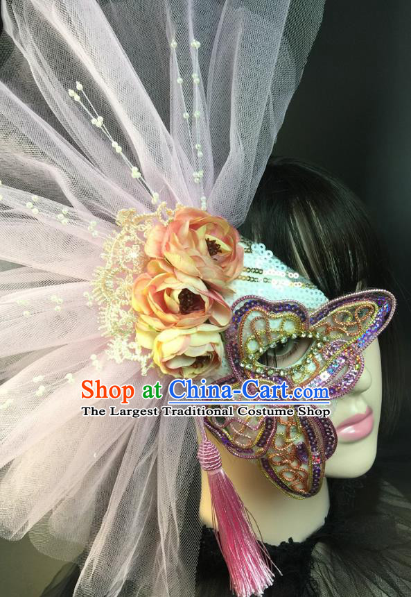 Halloween Handmade Half Face Mask Stage Performance Blinder Headpiece Cosplay Party Purple Sequins Butterfly Mask