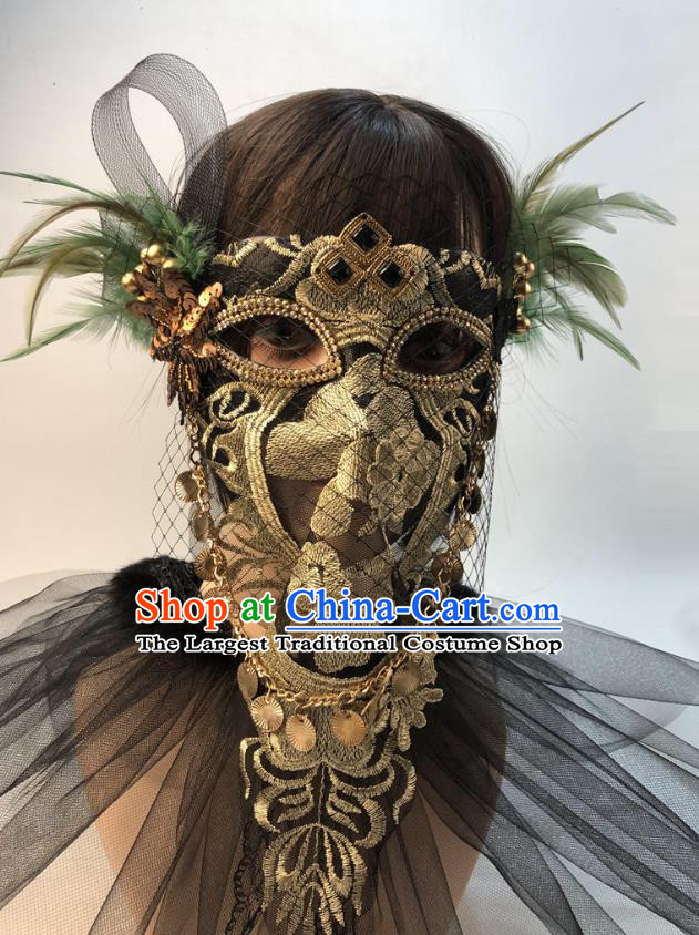 Cosplay Party Golden Lace Mask Halloween Handmade Feather Full Face Mask Stage Performance Headpiece