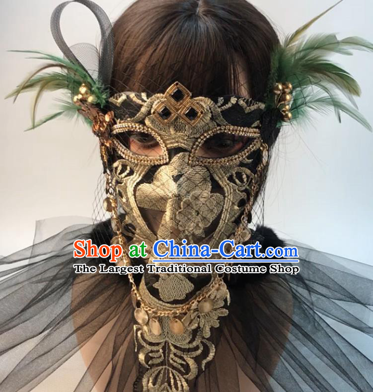 Cosplay Party Golden Lace Mask Halloween Handmade Feather Full Face Mask Stage Performance Headpiece