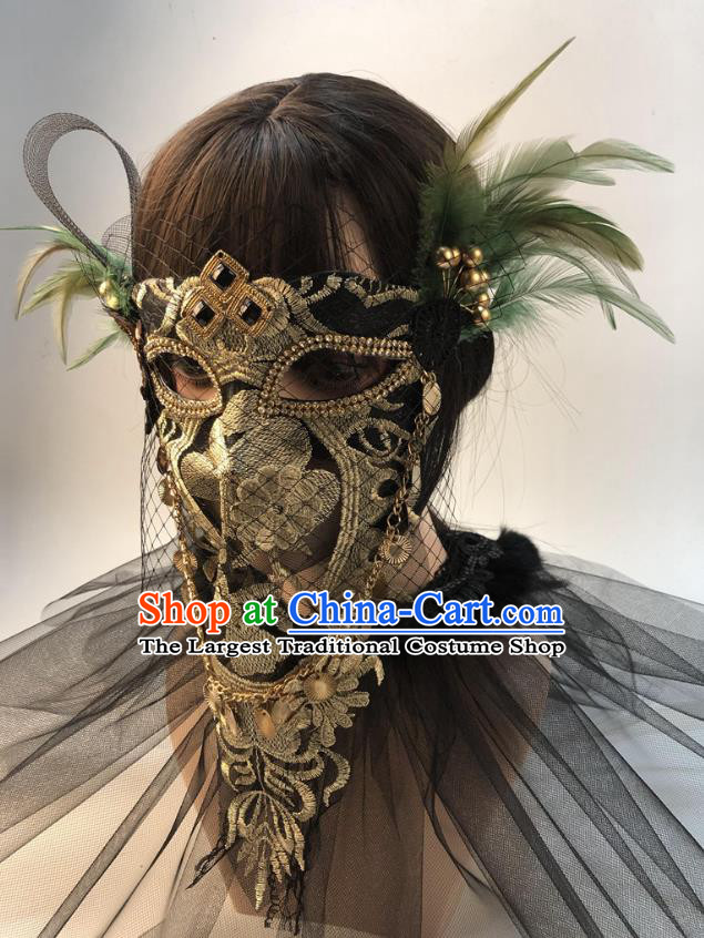 Cosplay Party Golden Lace Mask Halloween Handmade Feather Full Face Mask Stage Performance Headpiece