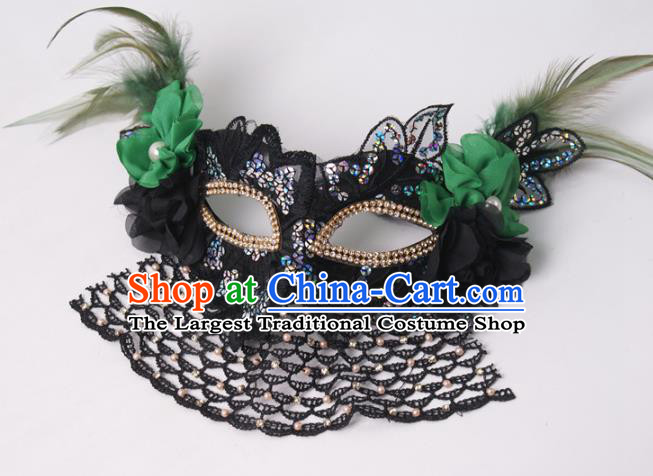 Handmade Green Flower Face Mask Stage Performance Headpiece Halloween Cosplay Party Veil Feather Mask