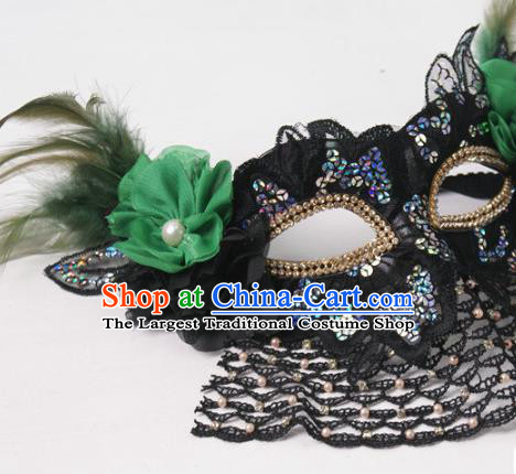 Handmade Green Flower Face Mask Stage Performance Headpiece Halloween Cosplay Party Veil Feather Mask