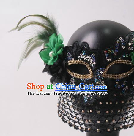 Handmade Green Flower Face Mask Stage Performance Headpiece Halloween Cosplay Party Veil Feather Mask