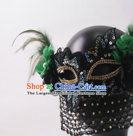 Handmade Green Flower Face Mask Stage Performance Headpiece Halloween Cosplay Party Veil Feather Mask