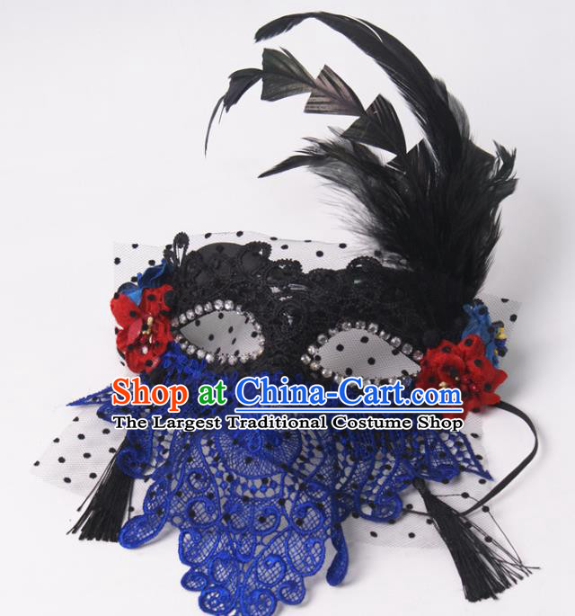 Handmade Halloween Cosplay Party Black Feather Mask Carnival Blue Lace Face Mask Stage Performance Headpiece