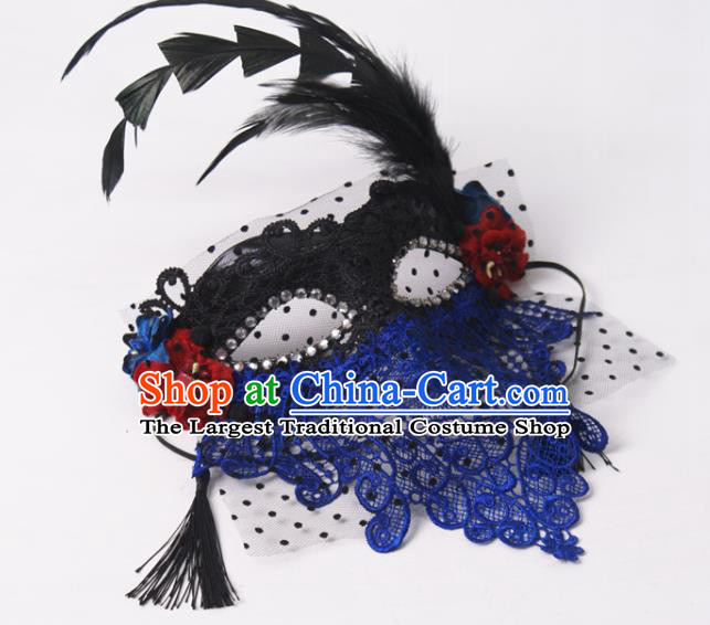Handmade Halloween Cosplay Party Black Feather Mask Carnival Blue Lace Face Mask Stage Performance Headpiece
