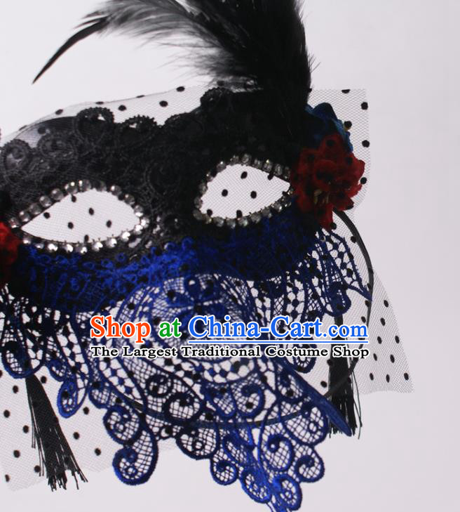 Handmade Halloween Cosplay Party Black Feather Mask Carnival Blue Lace Face Mask Stage Performance Headpiece