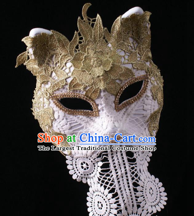Handmade Stage Performance Headpiece Halloween Cosplay Party Golden Lace Mask Carnival White Cat Face Mask