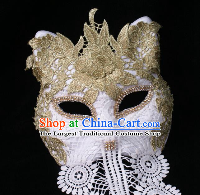 Handmade Stage Performance Headpiece Halloween Cosplay Party Golden Lace Mask Carnival White Cat Face Mask