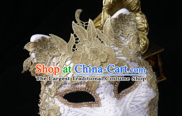 Handmade Stage Performance Headpiece Halloween Cosplay Party Golden Lace Mask Carnival White Cat Face Mask
