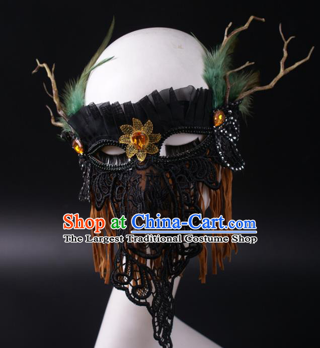 Handmade Halloween Cosplay Party Black Lace Mask Carnival Feather Branch Face Mask Stage Performance Headpiece