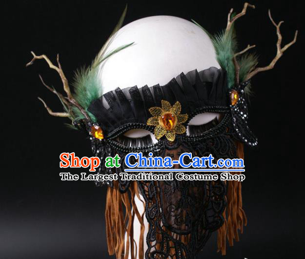 Handmade Halloween Cosplay Party Black Lace Mask Carnival Feather Branch Face Mask Stage Performance Headpiece