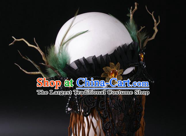Handmade Halloween Cosplay Party Black Lace Mask Carnival Feather Branch Face Mask Stage Performance Headpiece