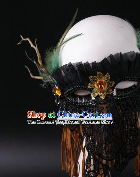 Handmade Halloween Cosplay Party Black Lace Mask Carnival Feather Branch Face Mask Stage Performance Headpiece