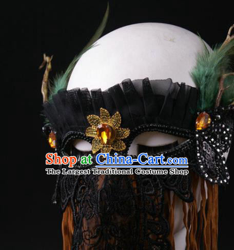 Handmade Halloween Cosplay Party Black Lace Mask Carnival Feather Branch Face Mask Stage Performance Headpiece