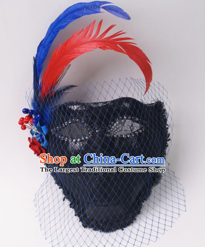 Halloween Party Male Cosplay Black Mask Professional Stage Performance Feather Face Mask Rio Carnival Headwear