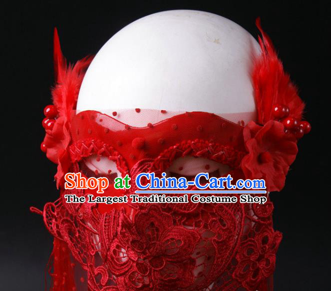 Handmade Stage Performance Blinder Headpiece Halloween Cosplay Party Lace Mask Carnival Red Feather Face Mask
