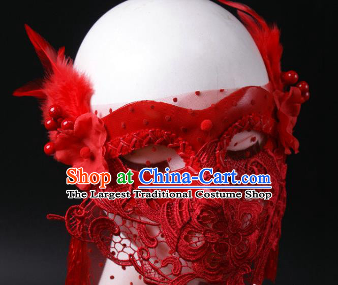 Handmade Stage Performance Blinder Headpiece Halloween Cosplay Party Lace Mask Carnival Red Feather Face Mask