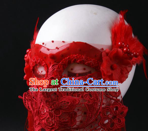 Handmade Stage Performance Blinder Headpiece Halloween Cosplay Party Lace Mask Carnival Red Feather Face Mask