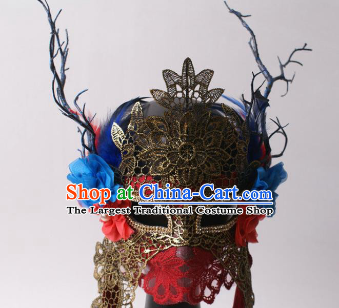 Handmade Stage Performance Blinder Headpiece Halloween Cosplay Party Red Lace Mask Carnival Flower Branch Full Face Mask