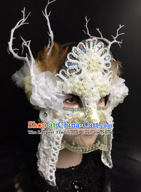 Handmade Carnival Flower Branch Full Face Mask Stage Performance Blinder Headpiece Halloween Cosplay Party Pearls Lace Mask
