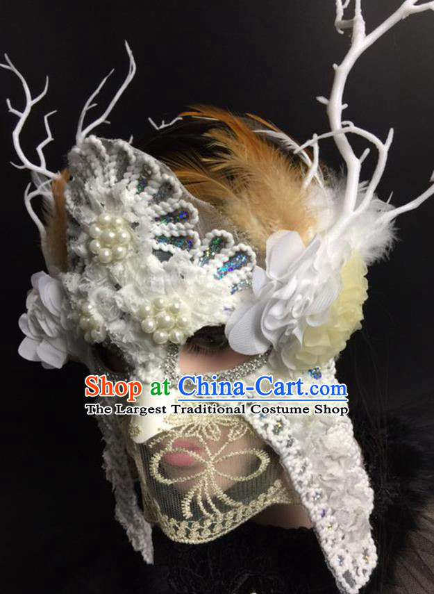 Handmade Carnival Flower Branch Full Face Mask Stage Performance Blinder Headpiece Halloween Cosplay Party Pearls Lace Mask