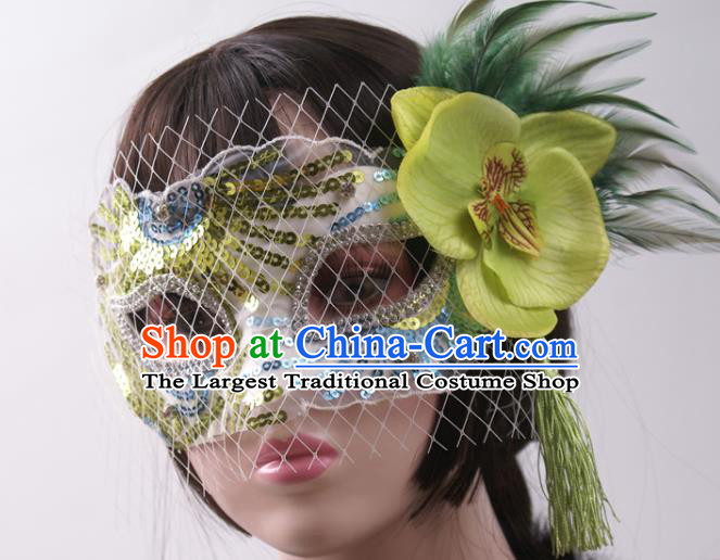 Cosplay Party Sequins Mask Handmade Deluxe Green Feather Face Mask Halloween Stage Performance Blinder Headpiece
