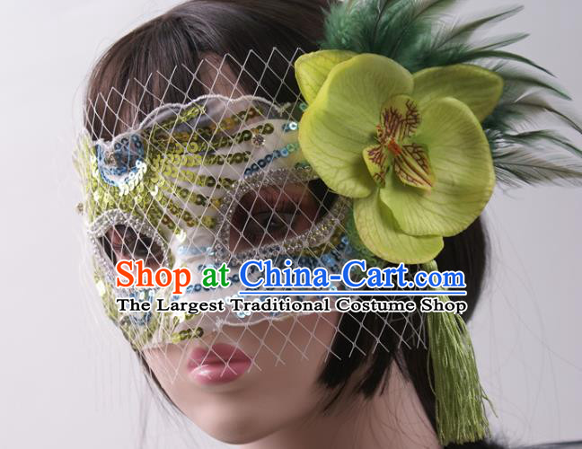 Cosplay Party Sequins Mask Handmade Deluxe Green Feather Face Mask Halloween Stage Performance Blinder Headpiece