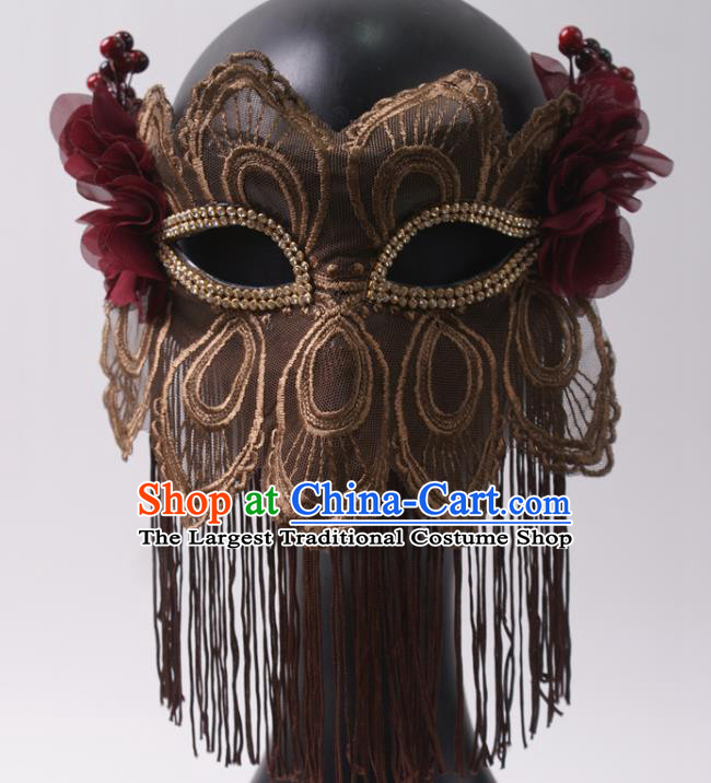 Halloween Stage Performance Blinder Headpiece Cosplay Party Mask Handmade Deluxe Brown Tassel Face Mask