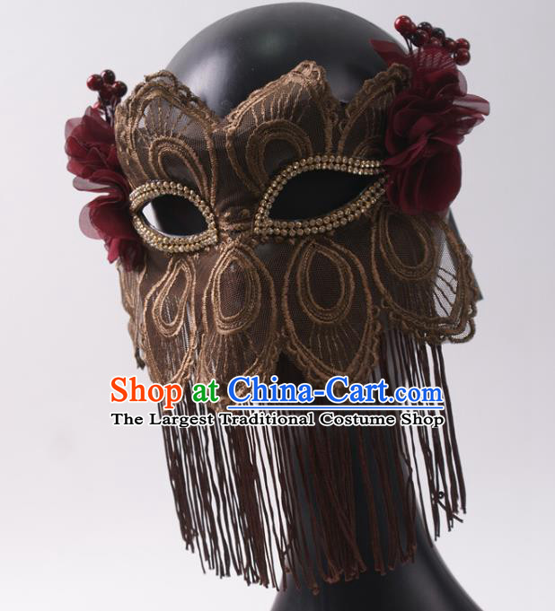 Halloween Stage Performance Blinder Headpiece Cosplay Party Mask Handmade Deluxe Brown Tassel Face Mask