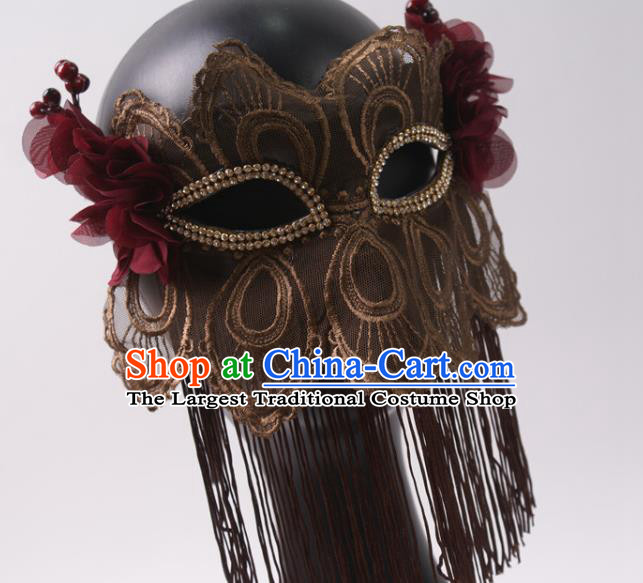 Halloween Stage Performance Blinder Headpiece Cosplay Party Mask Handmade Deluxe Brown Tassel Face Mask