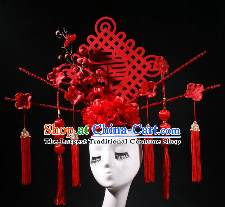 China Catwalks Red Knot Tassel Hair Crown Traditional Wedding Giant Hair Accessories Stage Show Headdress