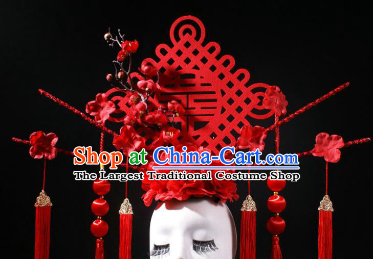 China Catwalks Red Knot Tassel Hair Crown Traditional Wedding Giant Hair Accessories Stage Show Headdress