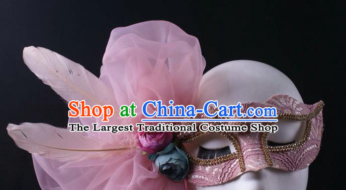 Handmade Carnival Veil Face Mask Stage Performance Blinder Headpiece Halloween Cosplay Party Pink Feather Mask