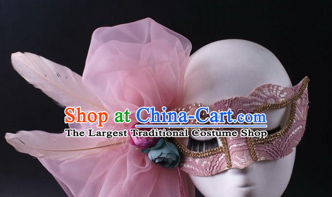 Handmade Carnival Veil Face Mask Stage Performance Blinder Headpiece Halloween Cosplay Party Pink Feather Mask