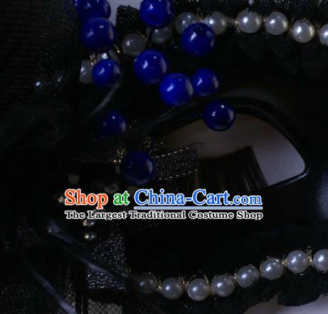 Handmade Carnival Pearls Face Mask Stage Performance Blinder Headpiece Halloween Cosplay Party Black Feather Veil Mask