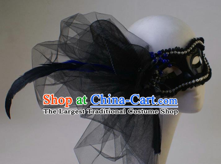 Handmade Carnival Pearls Face Mask Stage Performance Blinder Headpiece Halloween Cosplay Party Black Feather Veil Mask