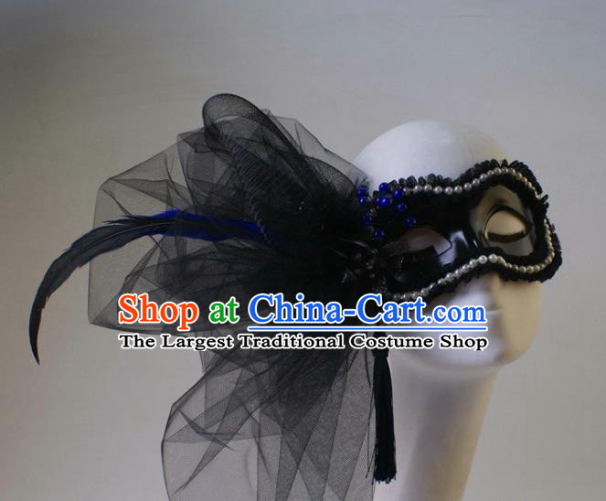 Handmade Carnival Pearls Face Mask Stage Performance Blinder Headpiece Halloween Cosplay Party Black Feather Veil Mask