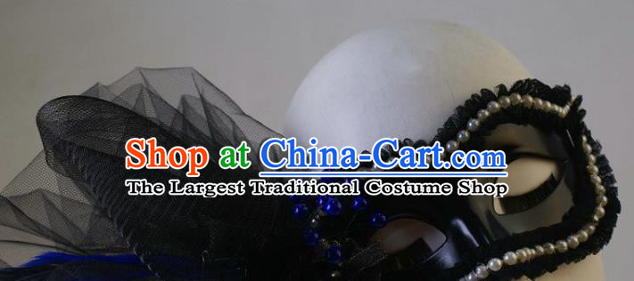 Handmade Carnival Pearls Face Mask Stage Performance Blinder Headpiece Halloween Cosplay Party Black Feather Veil Mask