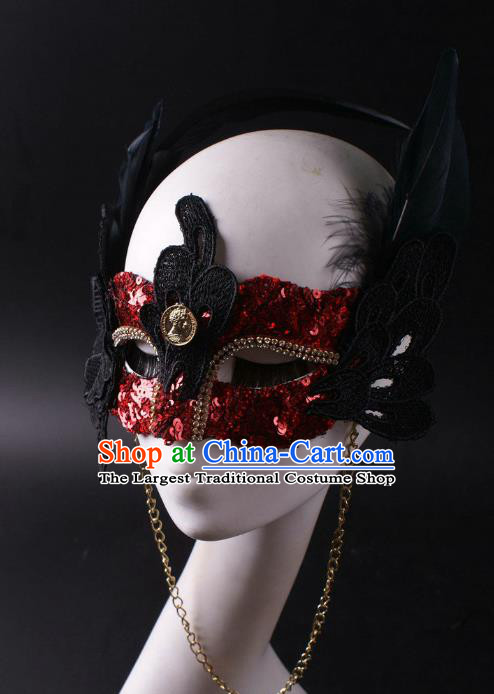 Handmade Halloween Cosplay Party Red Sequins Mask Carnival Black Feather Face Mask Stage Performance Blinder Headpiece