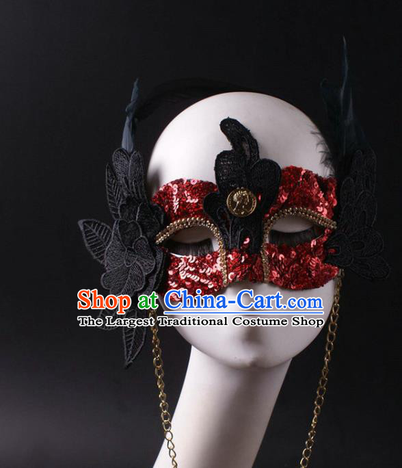 Handmade Halloween Cosplay Party Red Sequins Mask Carnival Black Feather Face Mask Stage Performance Blinder Headpiece