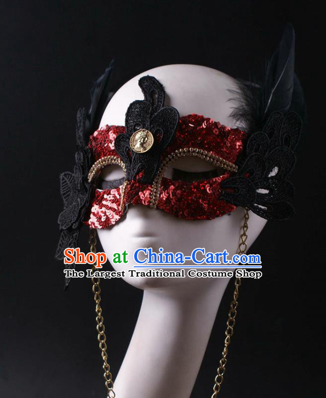 Handmade Halloween Cosplay Party Red Sequins Mask Carnival Black Feather Face Mask Stage Performance Blinder Headpiece