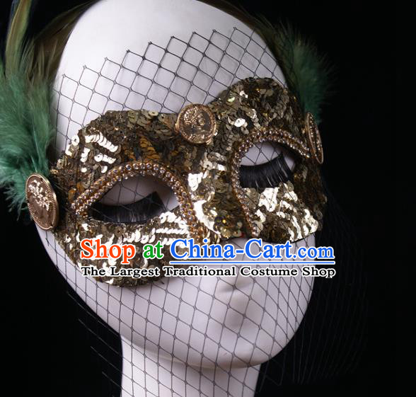 Handmade Stage Performance Blinder Headpiece Halloween Cosplay Party Golden Sequins Mask Carnival Green Feather Face Mask