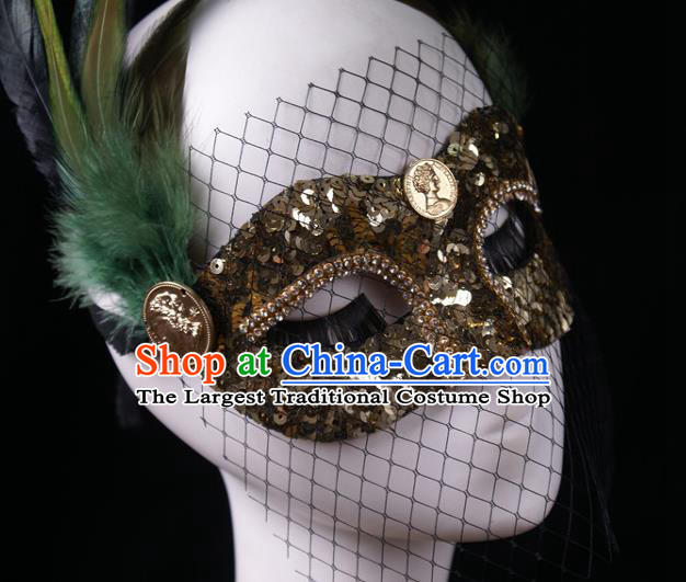 Handmade Stage Performance Blinder Headpiece Halloween Cosplay Party Golden Sequins Mask Carnival Green Feather Face Mask