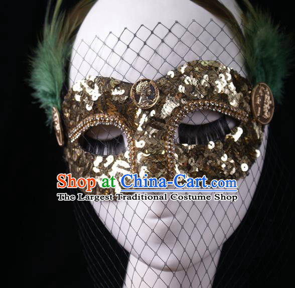 Handmade Stage Performance Blinder Headpiece Halloween Cosplay Party Golden Sequins Mask Carnival Green Feather Face Mask