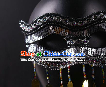 Professional Stage Performance Grey Sequins Face Mask Rio Carnival Headwear Halloween Party Male Cosplay Mask