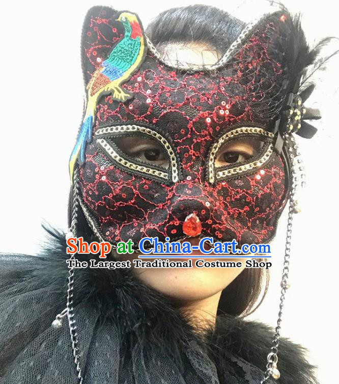 Handmade Stage Performance Headpiece Halloween Cosplay Party Black Lace Cat Mask Carnival Embroidered Bird Face Mask