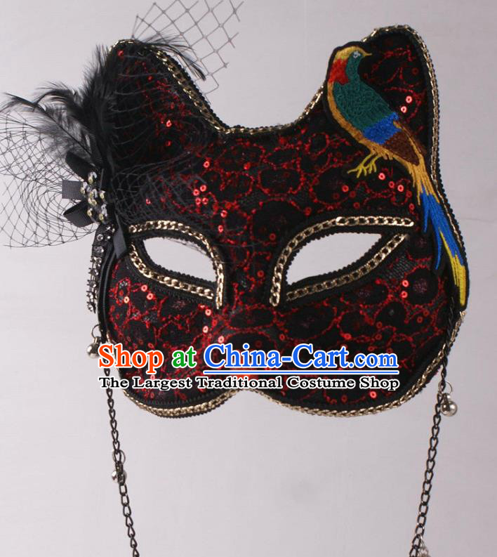 Handmade Stage Performance Headpiece Halloween Cosplay Party Black Lace Cat Mask Carnival Embroidered Bird Face Mask