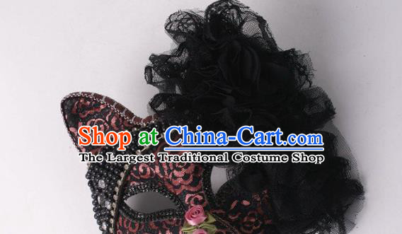 Handmade Carnival Black Lace Flowers Face Mask Stage Performance Headpiece Halloween Cosplay Party Leopard Cat Mask