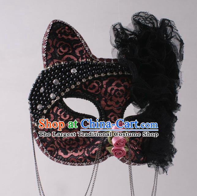 Handmade Carnival Black Lace Flowers Face Mask Stage Performance Headpiece Halloween Cosplay Party Leopard Cat Mask